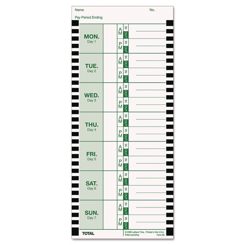 Lathem Weekly Employee Time Card Pack, 100 Count E8 Thermal Print Timesheets, Single Sided with Named Days for 2100HD 800P Clocks - Image 1